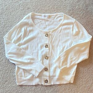 Calvin Klein white cardigan with gold fasteners, feminine elegant light academia